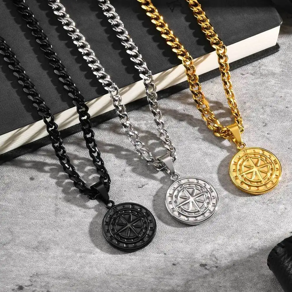 

Vnox Compass Pendant Necklace for Men Boys, Stainless Steel Black Gold Silver Color Round Coin Collar Chain, Punk Jewelry Gifts