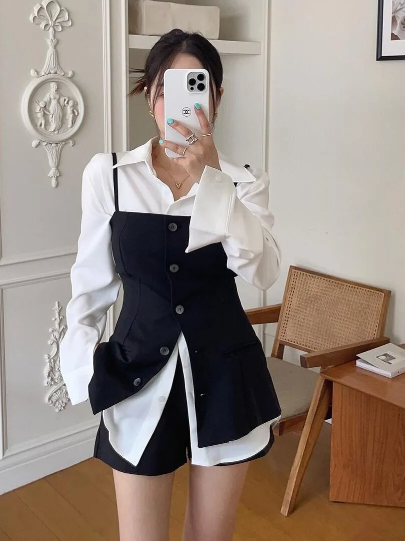 Hebe Style Long Sleeve Shirt And Vest Black Dress Two Piece Set Autumn Korean Fashion Women's Clothing Streetwear Outdoor