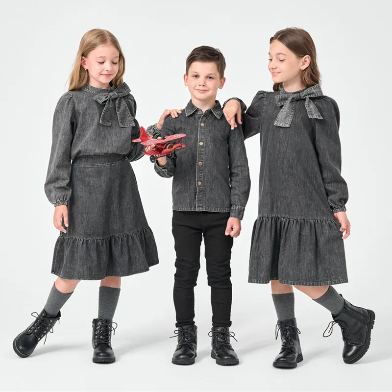 AP washed denim collections kids boys girls fall winter washed jeans big bow shirt with skirt dress family matching clothing