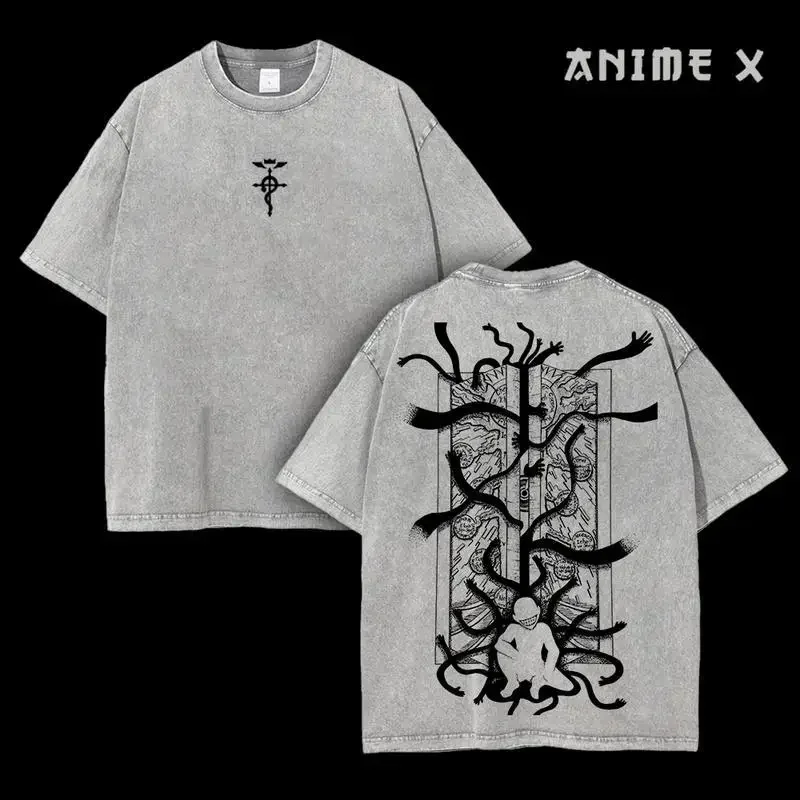 Customization Shirt Retro Gate Of Alchemy Anime Vintage Double Printed Washed T-Shirt Unisex Mineral Anime Manga Washed Heavy Co