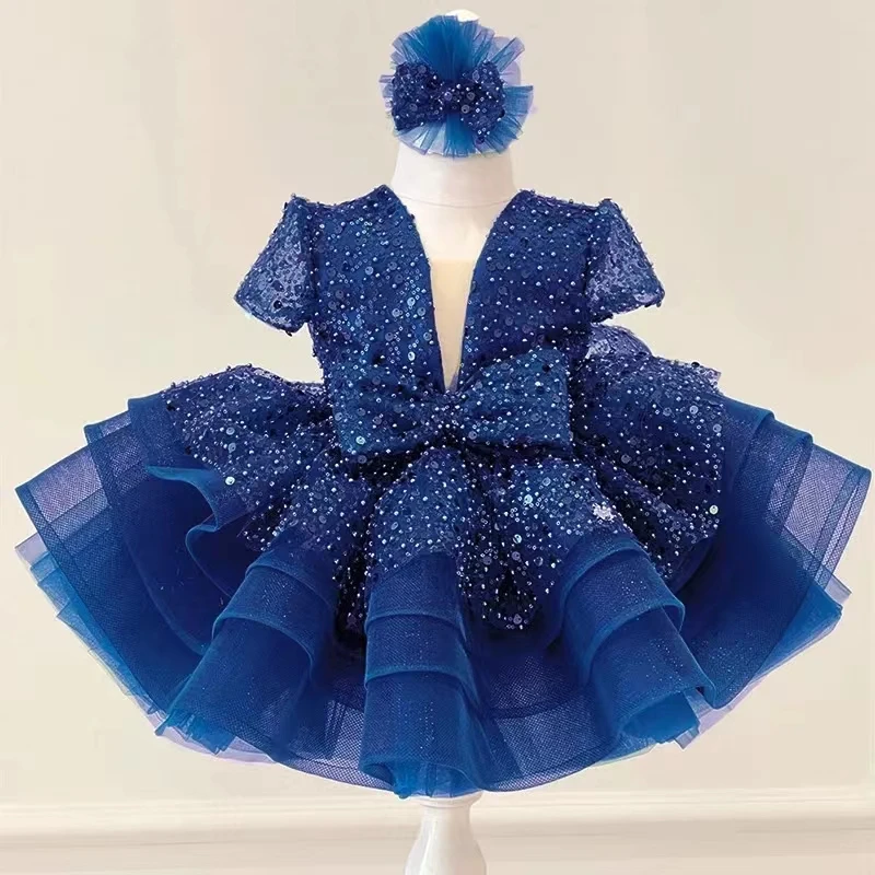 Vestido de flores de lujo para niña, hinchados vestidos de fiesta para boda, manga corta, tul, vestido nupcial de Navidad para niños, Verano