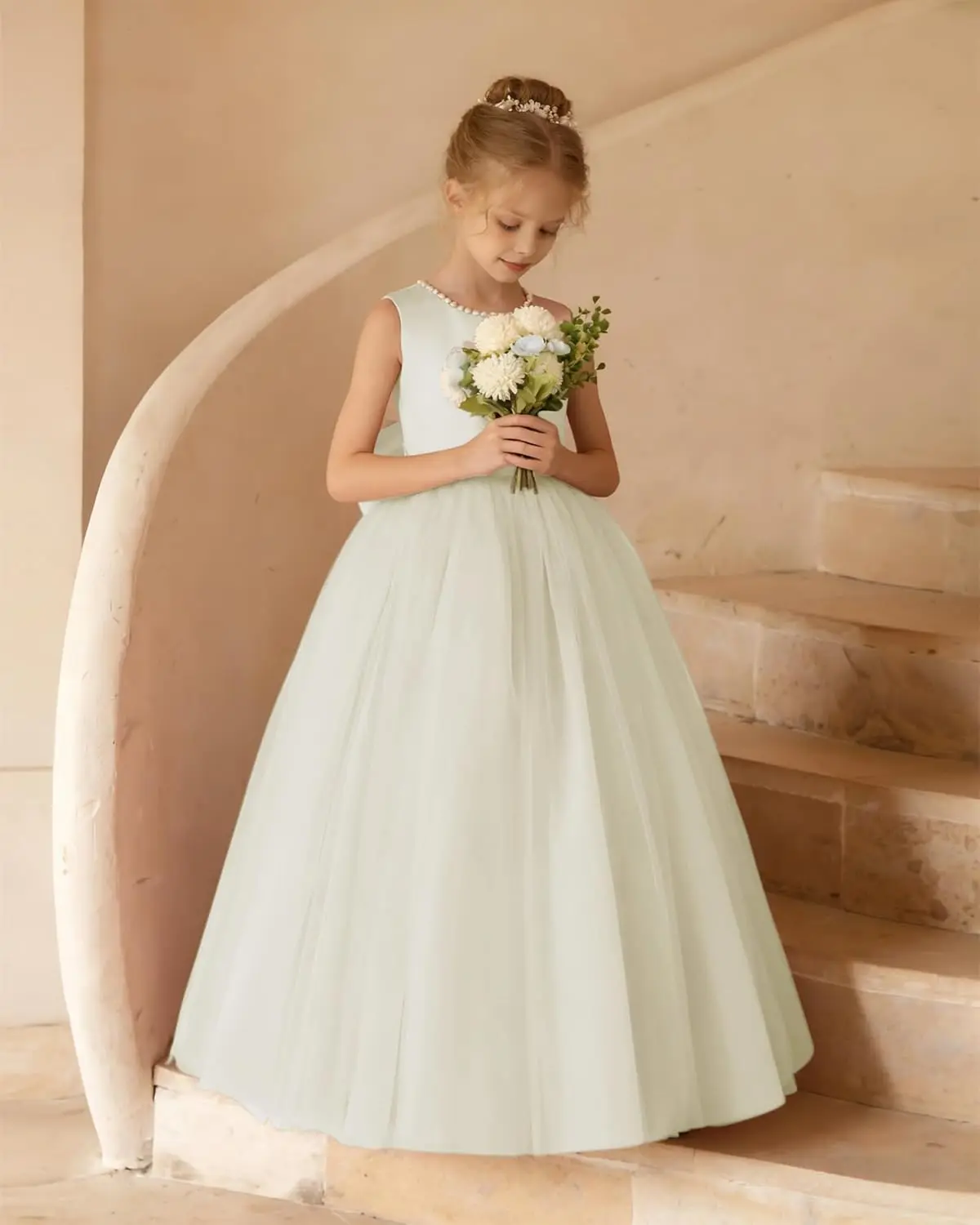 

O-Neck Flower Girl Dress Satin Tulle First Communion Dresses Wedding Party Gown Pearls with Bowknot Customized Flower Girl Dress
