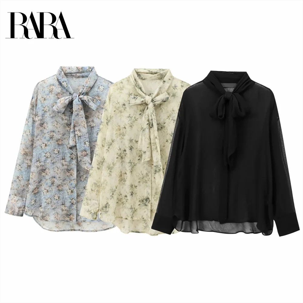 

2024 RARA floral print bowknot loose temperament versatile long-sleeved shirt winter new women's clothing