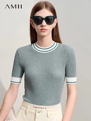 Amii Minimalism 2024 Women Knit Sweater Summer New Elegant Commuter O-Neck Jacquard Short-sleeved Wool Lady Slim Blouse 12442263