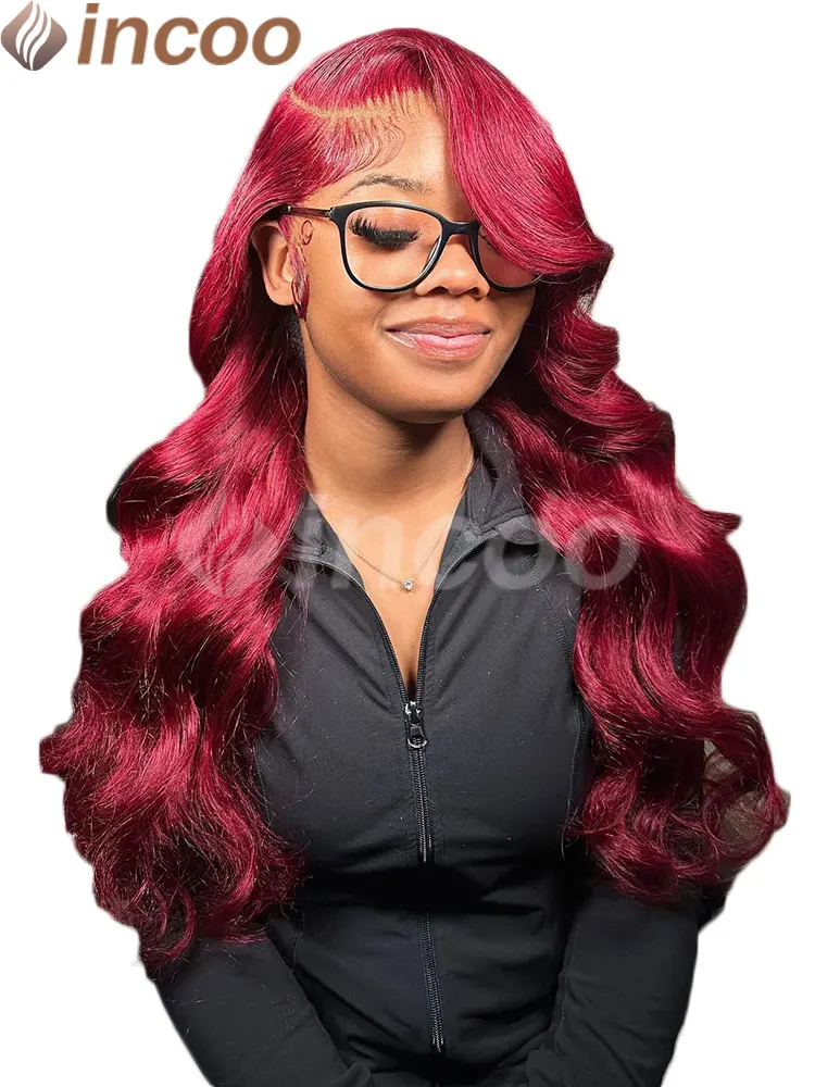 

99J 13X4 13X6 Парик фронтальной части шнурка Человеческие волосы Предварительно выщипанные бордовые 180 Плотность Бордовый парик Объемная волна Парик фронта шнурка Парики из человеческих волос