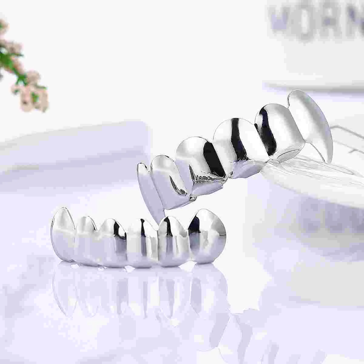 NUOBESTY Hip Hop Teeth Hip Hop Jewelry Silver Teeth Braces and Bottom Set Shiny Teeth