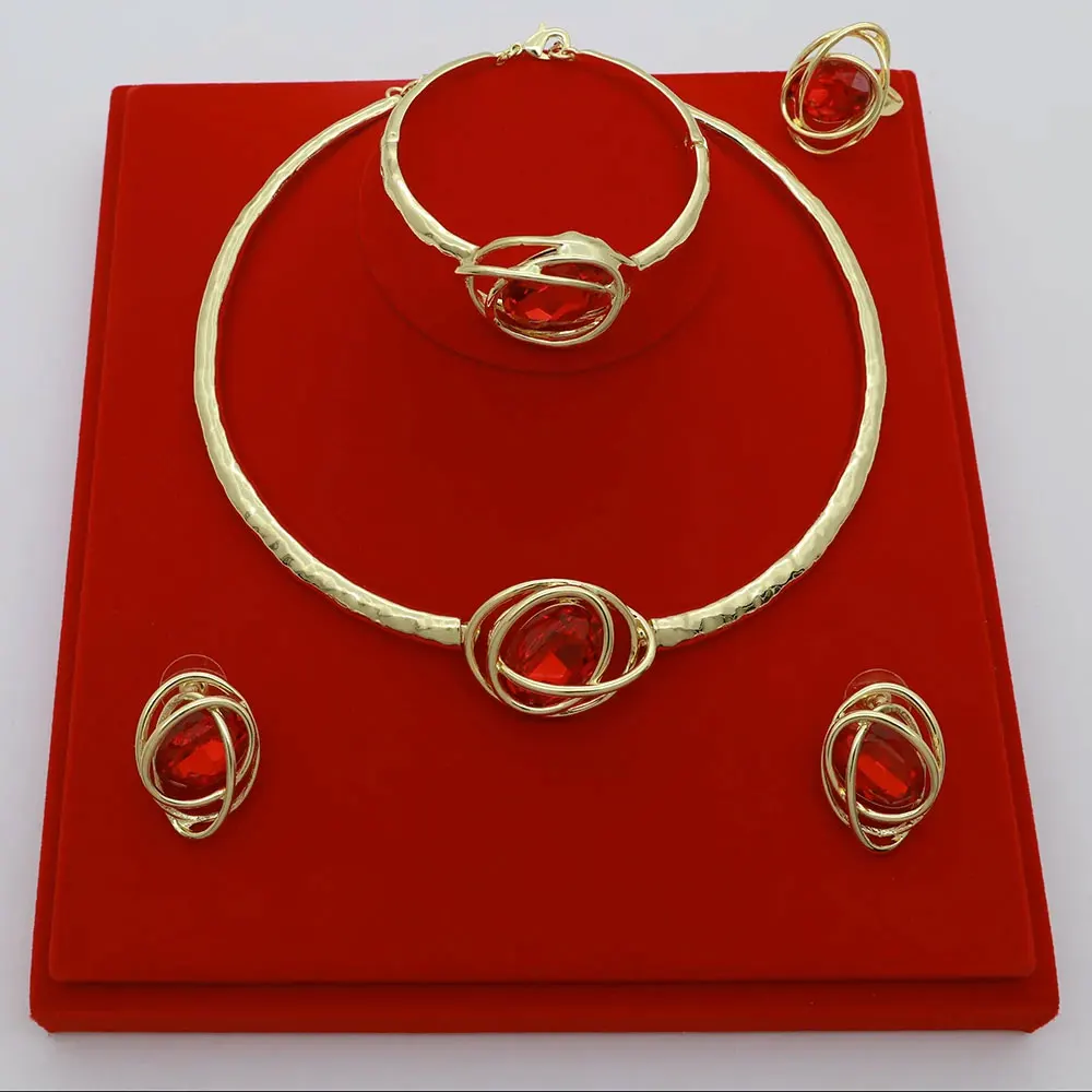 

Дубайский женский комплект ювелирных изделий, бразильское 18-каратное позолоченное полое ожерелье, серьги, браслет и кольцо, простой популярный стиль