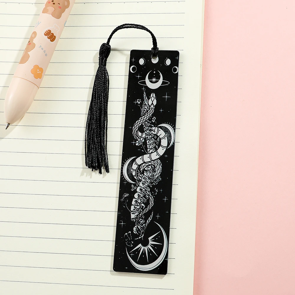 Black Snake Pattern Acrylic Bookmark Black Tassel Horror Atmosphere Book Page Decoration for Horror Fans Collections
