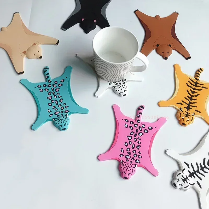 Cute Silicone Coaster Insulated Water Non-slip Pad Cartoon Animal Heat-resistant Cup Mat Tiger Leopard Placemat Home Kitchen