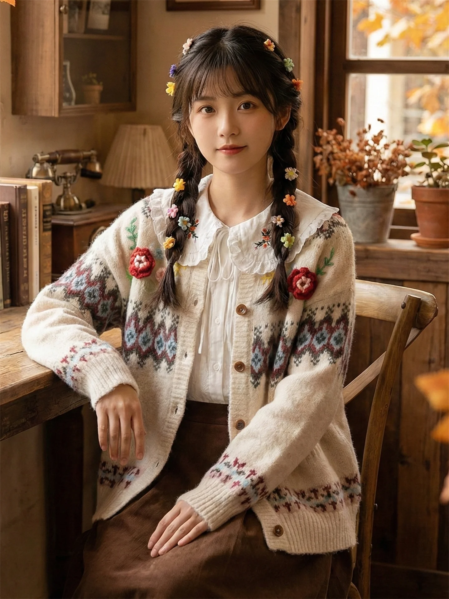 

Вязаный кардиган Sweet Sleort с объемной вышивкой, круглым вырезом и открытым передом, для женщин, осенне-зимний, модный, повседневный