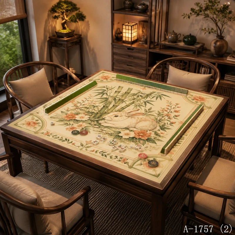 VIKAMA Peony Chrysanthemum Rabbit Mahjong Table Mat Non Slip Square Game Pad Traditional Oriental Game Table Decor Pad
