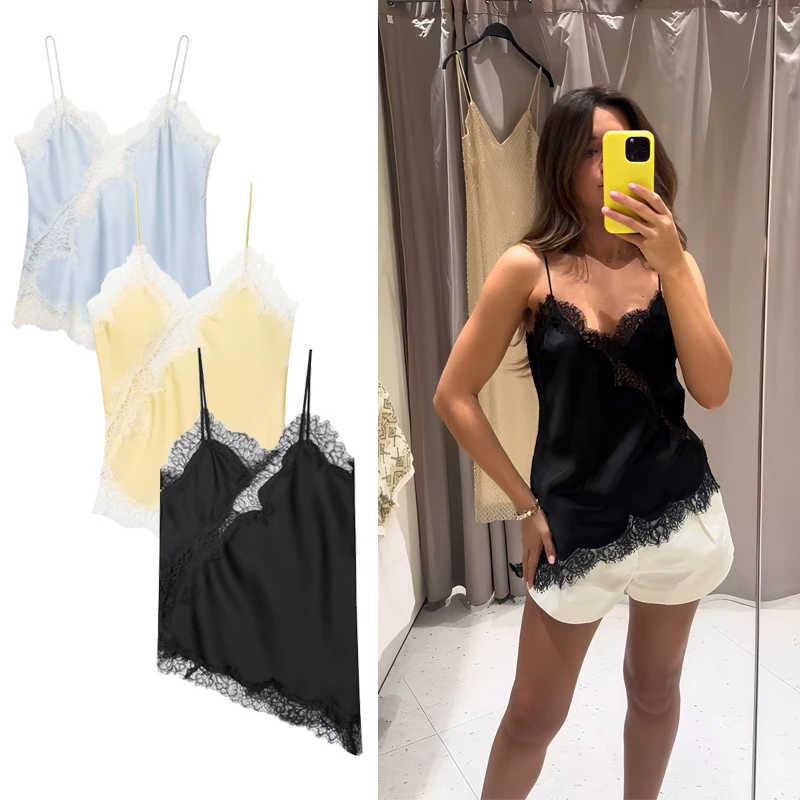 

Asymmetrical Lace Top Women's Corset Sleeveless Tanks & Camis Summer Street Style Camisole Yellow Black Sexy Elegant Slip Dress