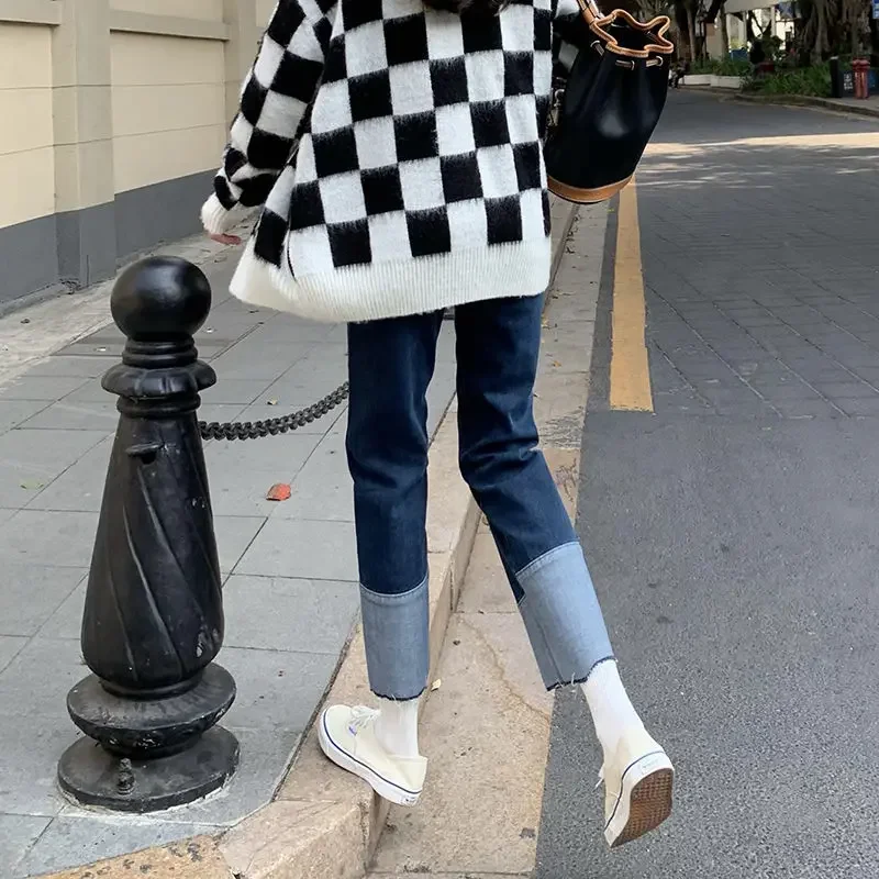 

Джинсы женские, новая мода, тонкие, с высокой талией, универсальные, для колледжа, в корейском стиле, уютные, шикарные, простые, элегантные брюки Ulzzang полной длины