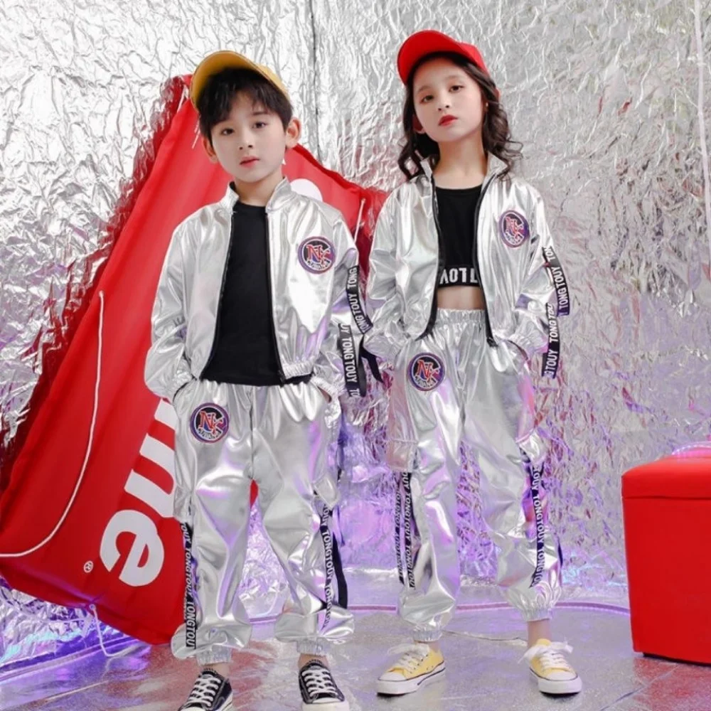 Kinder Performance Kleidung Jungen Hip-Hop Set Mädchen Silber Farbe Jazz Tanz Kostüm Tanz coole Rave Outfits