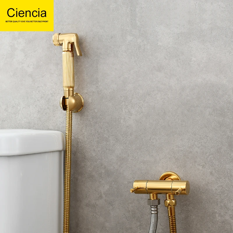 Ciencia Brass & Zirconium Gold Handheld Bidet Sprayer Set for Toilet- Hose for Cloth Diaper Feminine Wash