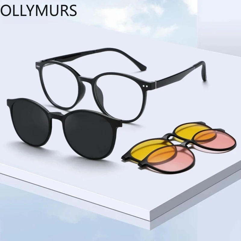 

OLLYMURS модные очки TR90 с магнитной поляризацией на клипсе, круглая оптическая оправа для очков в стиле ретро для мужчин и женщин 6218