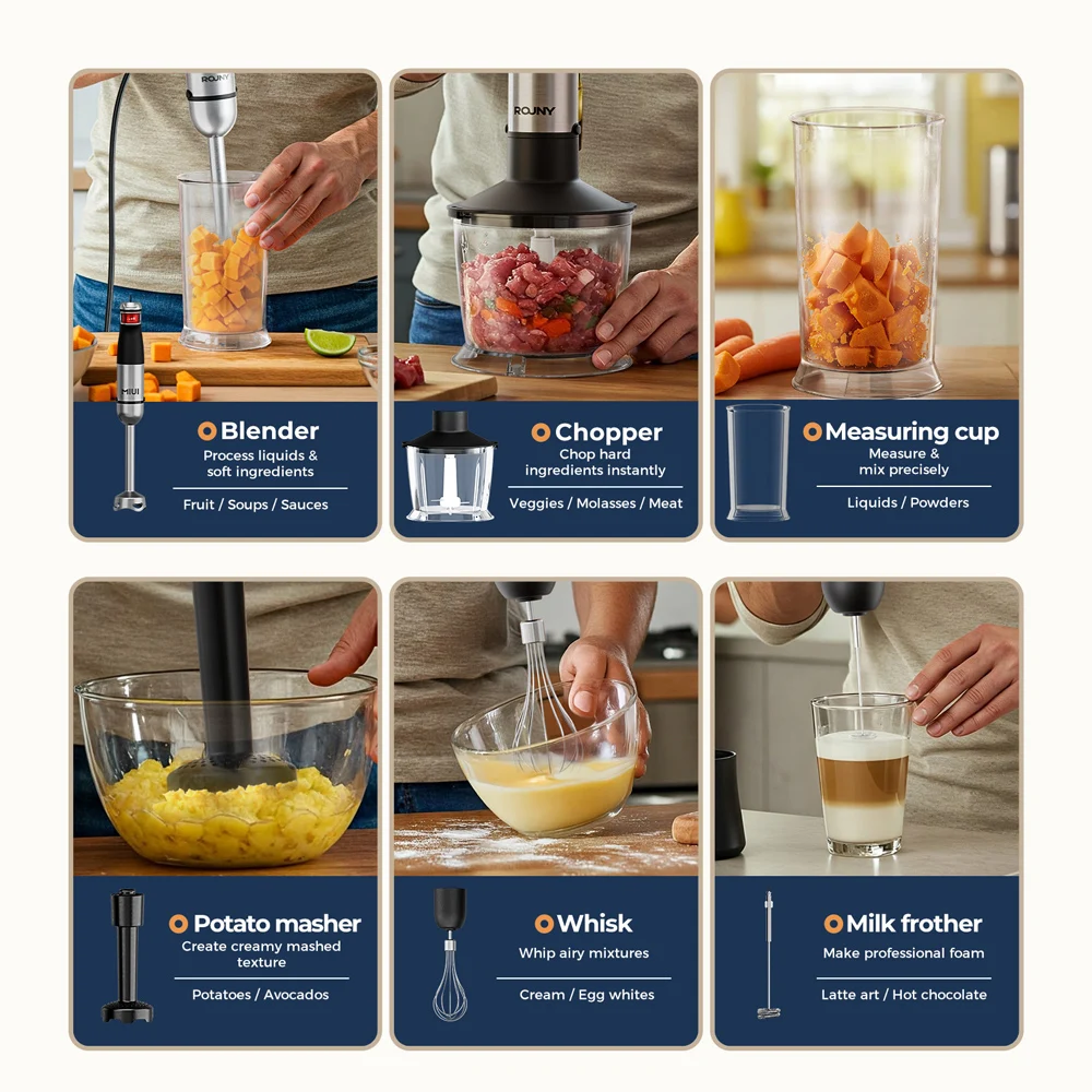 Frullatore elettrico a immersione Frullatore manuale multiuso 6 in 1, lame in acciaio inossidabile, casa e cucina, MAX 1500 W