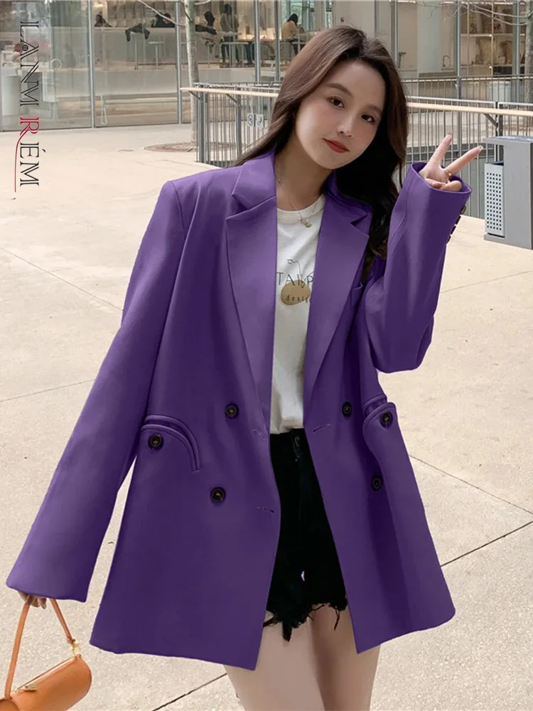 

LANMREM Women Casual Blazer Notched Long Sleeves Solid Color Double Breasted Pockets Design Coat 2024 New Clothing 2Z1348