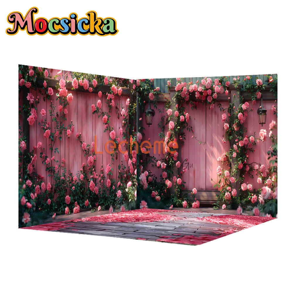 Mocsicka Flower Background For Photography Green Grass Red Rose Wall Easter Spring Backdrops Shooting Wedding Decorations Banner
