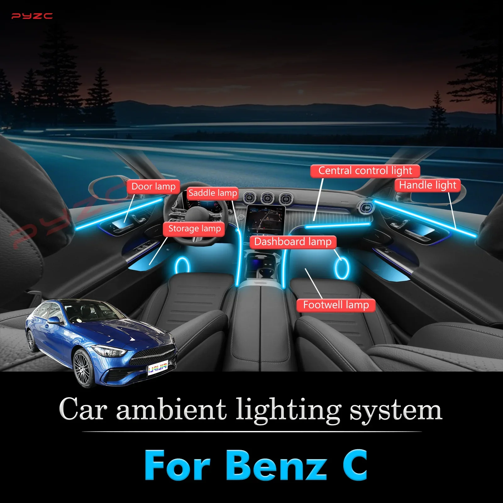 

For BenZ C-Class Car Interior Mood Ambient Light RGB 64-Color LED Smart Remote Control Atmosphere Lamp Energy Saving Kit