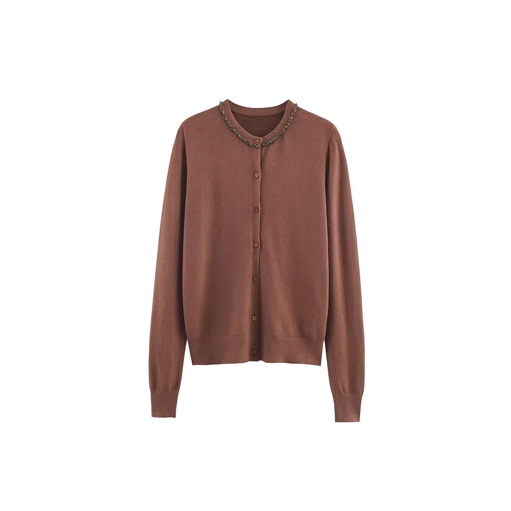 

Осенний новый дизайн женской одежды, модный и простой ювелирный кардиган с круглым вырезом и длинными рукавами