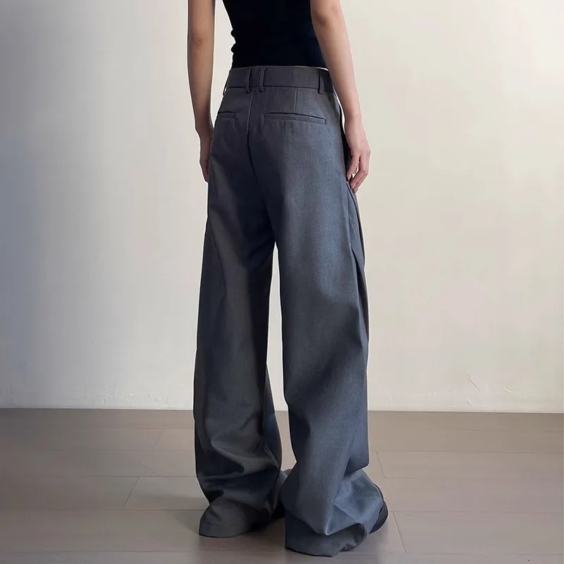 Women Suit Pants 2025 Spring Autumn New Fit Pants High Waist Pleated Straight Wide Leg Pants Floor Women's Chic Trousers