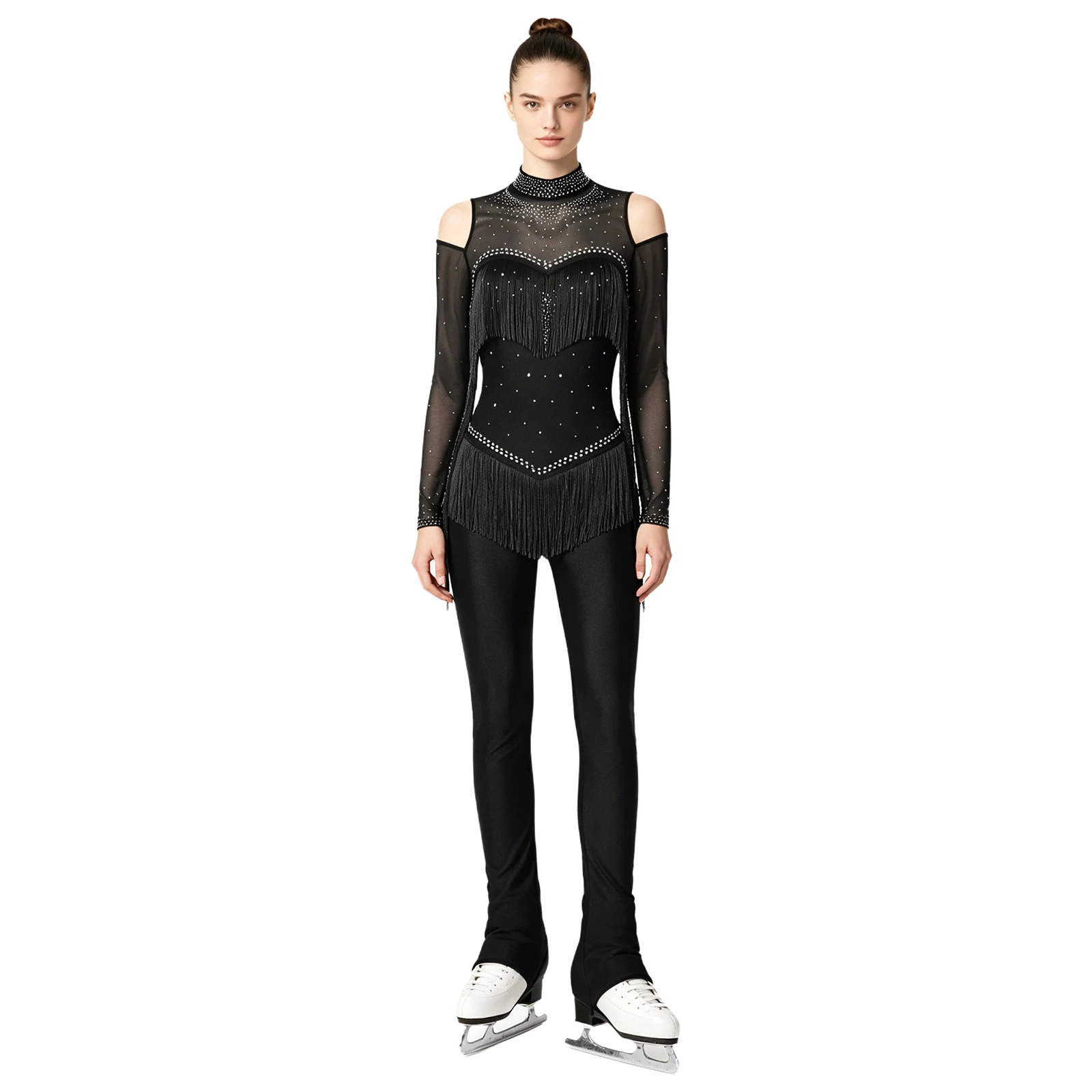 

Women Tassel Figure Skating Dance Jumpsuit Long Sleeve Rhinestone Mesh Ballet Gymnastics Acrobatics Latin Tango Cha-cha Leotard