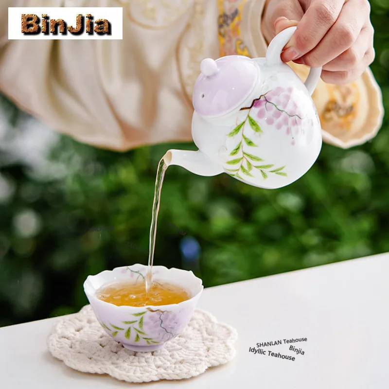 Hand-painted Wisteria Travel Tea Set Kit Vintage 1 Pot 1 Cup Tea Maker Organizer Portable Picnic Handbag Supplies Collection