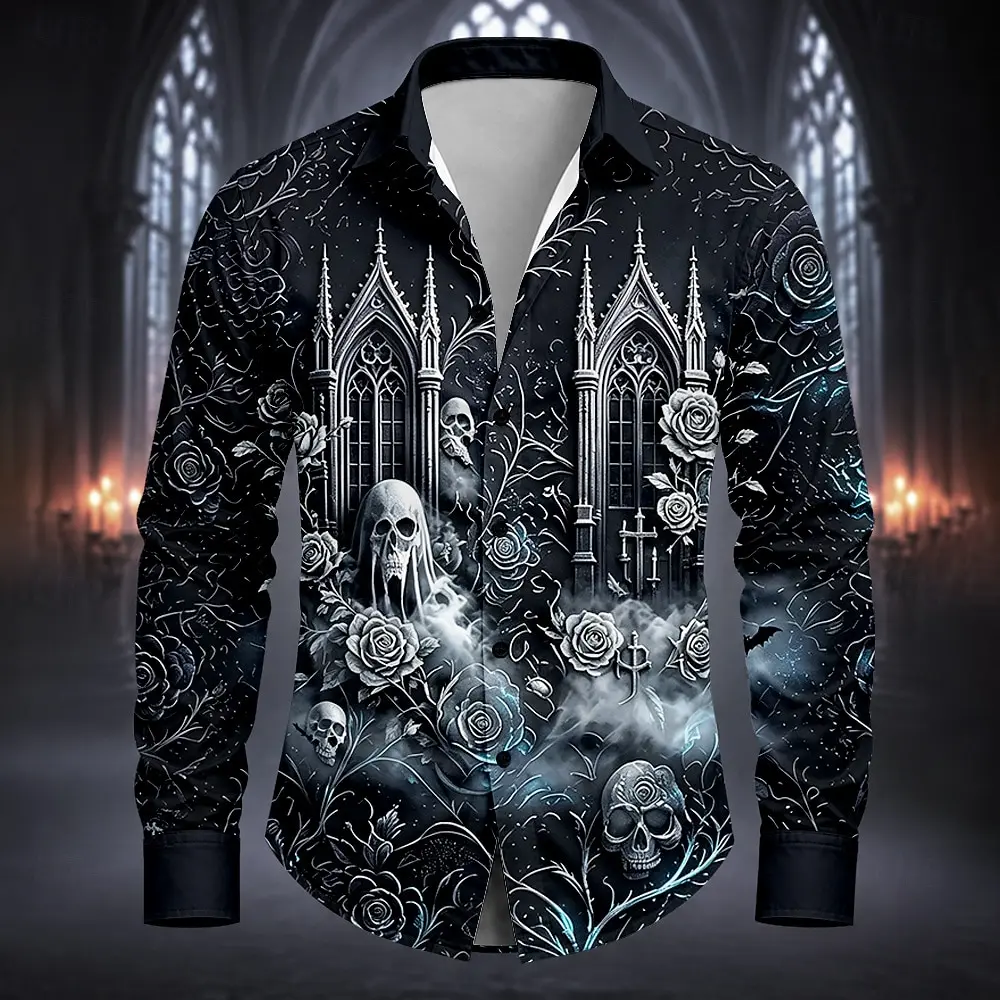 2026 New Men's Long Sleeve Shirt Gothic Skull Rose Church Print Halloween Party Cosplay Button Down Casual Tops Men Clothing