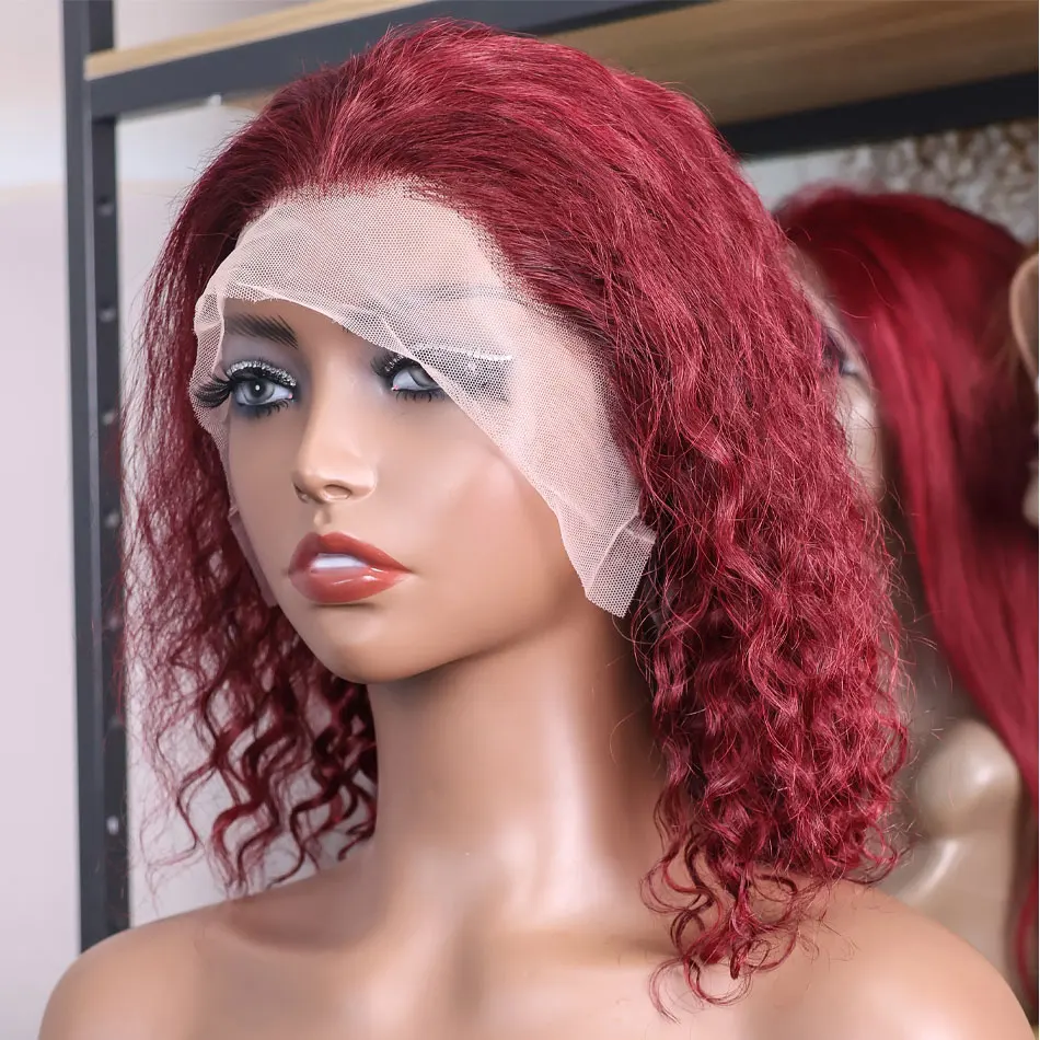 99j Bordeaux Krullend Bob Pruik Echt haar Diepe golf 13x4 Hd Kanten Voorkant Pruik 200% Haardichtheid Kort Bordeaux Watergolf Pruik van echt haar