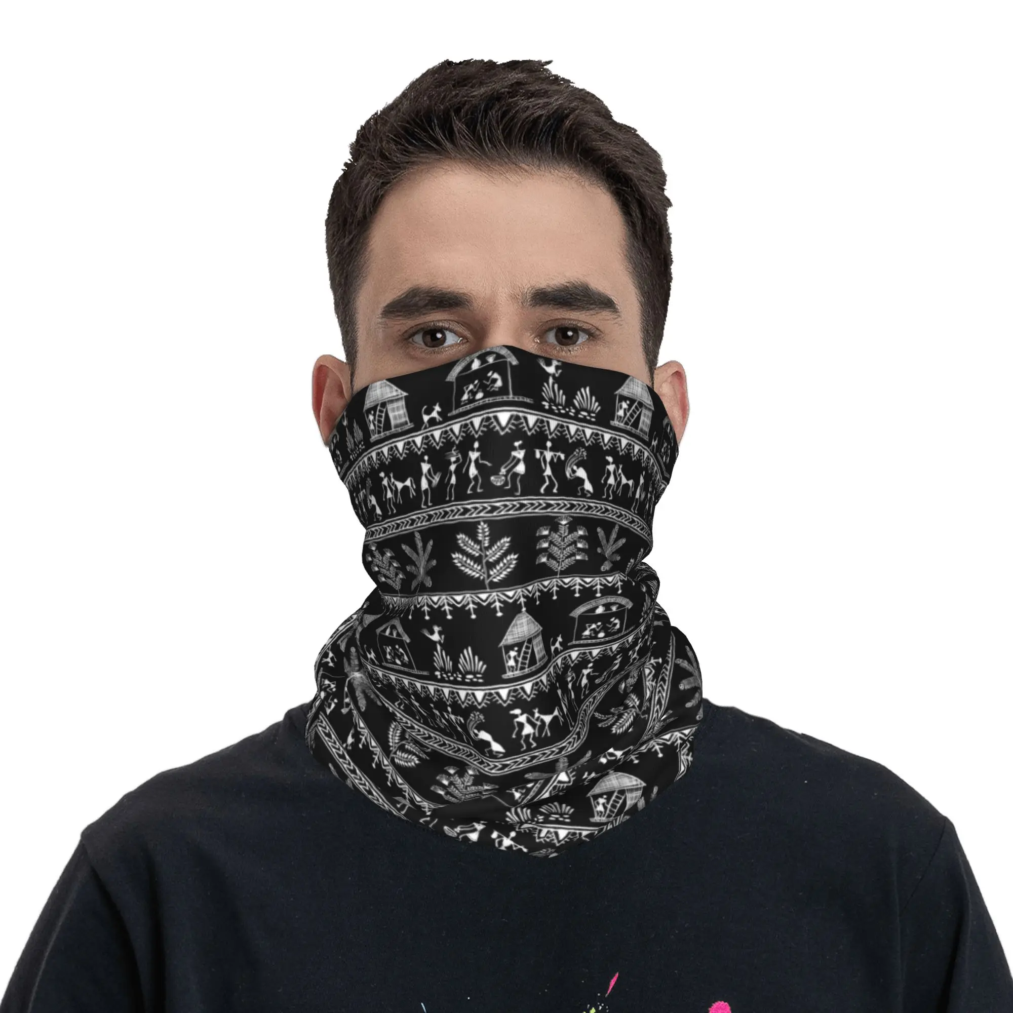 

Boho Chic Warli Art Bandana Neck Cover Printed Wrap Mask Scarf Headwear Riding for Men Women Adult Breathable