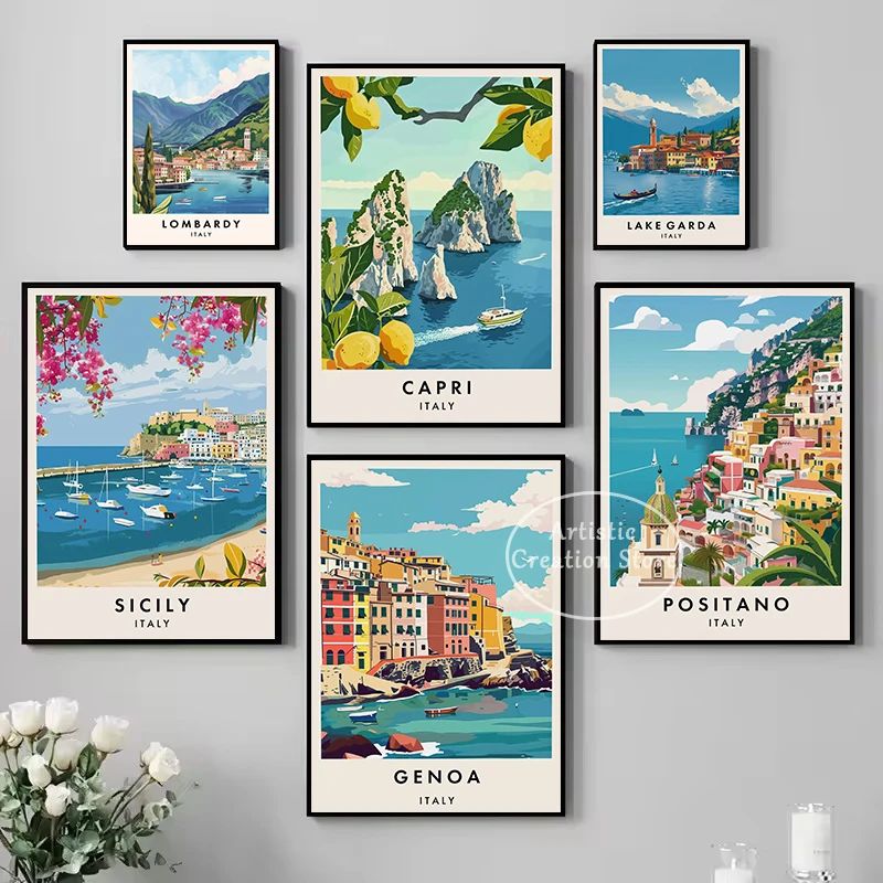 Watercolor Italy Travel Italian Cities Amalfi Coast Alberobello Capri Tour Aesthetic Poster Canvas Wall Art Pictures Home Decor