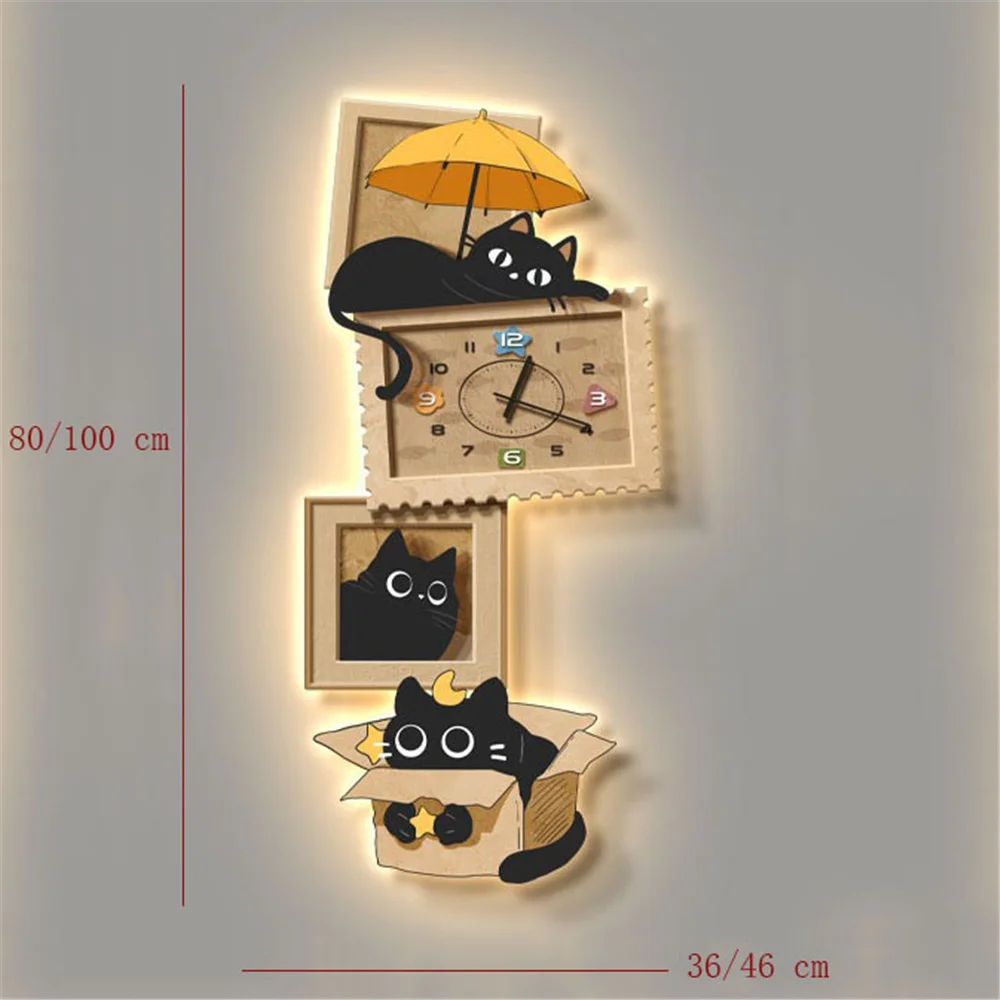Cute Cat Decoration Painting With Clock Led Wall Lamp Cartoon Healing Series Aisle Corridor Sconces Kids Atmosphere Night Light