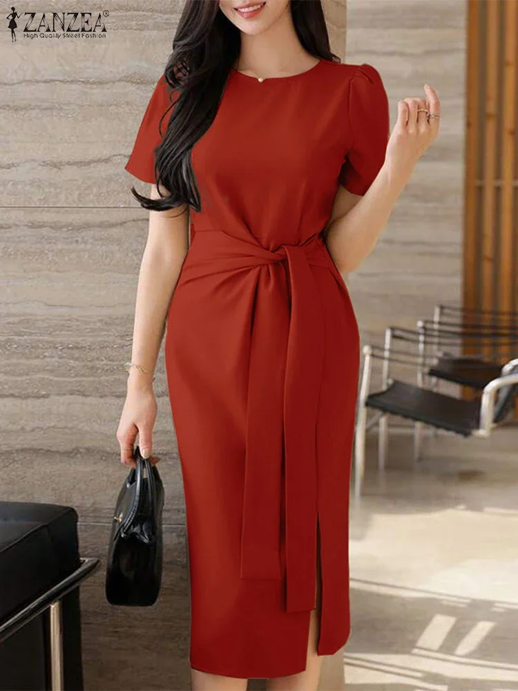 Elegante senhora do escritório vestidos zanzea 2025 vestido de verão feminino elegante manga curta fino ajuste festa vestidos sólido rendas até vestido de verão