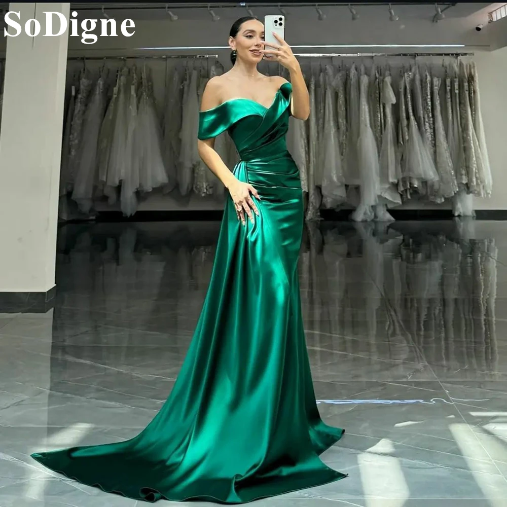 

SoDigne Elegant Green Satin Evening Dresses Off Shoulder Draped Mermaid Party Dress 2024 Sexy Prom Gowns for Women Customized