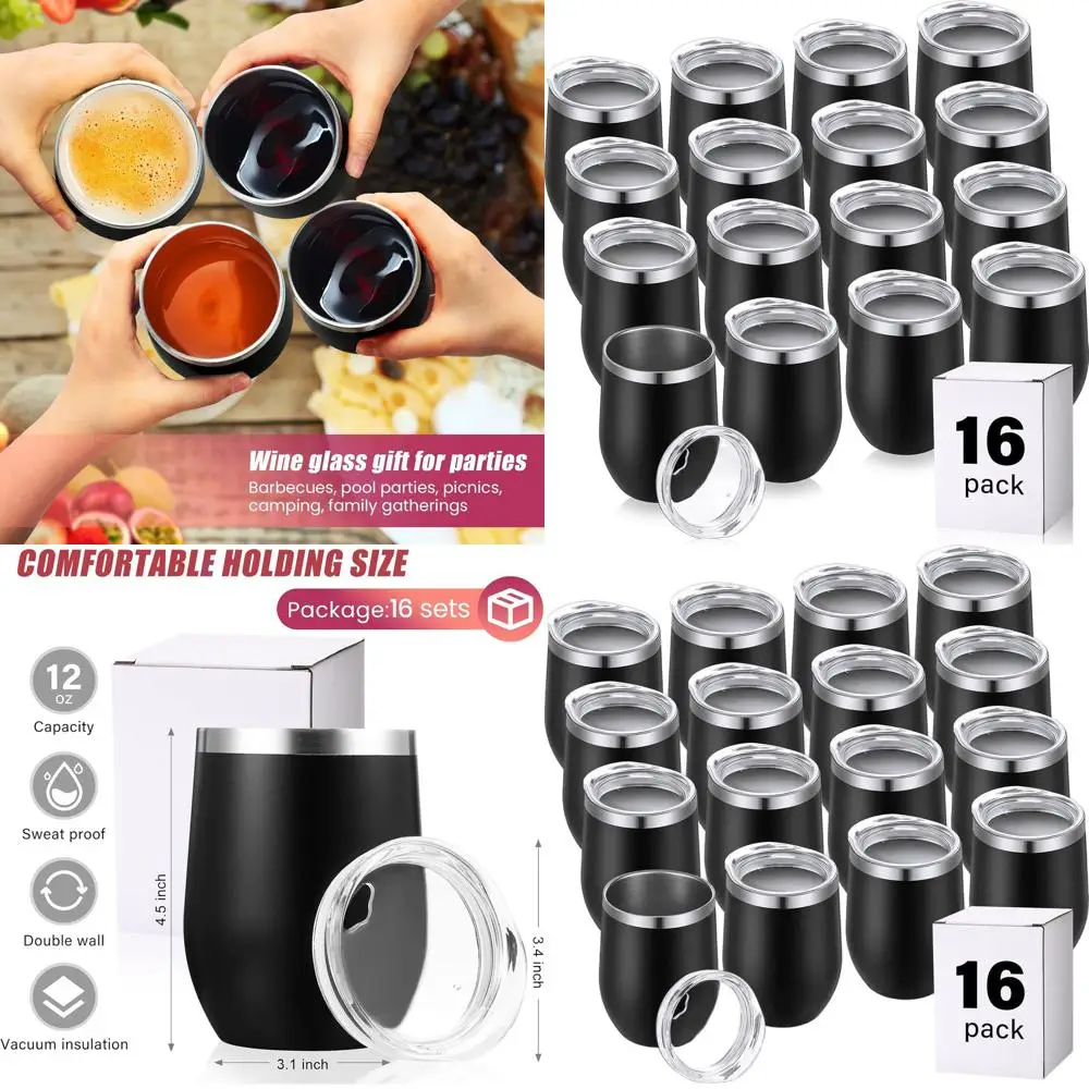 

Set of 16 Insulated 12 oz Stainless Steel Wine Tumblers - Double Wall, Stemless Mugs for Outdoor Travel and Beverages (Black)