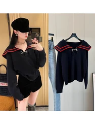 High Quality New Wool Knitted Sweaters 2023 Autumn Winter Dark Blue Jumpers Ladies Turn-down Collar Striped Color Block Pullover