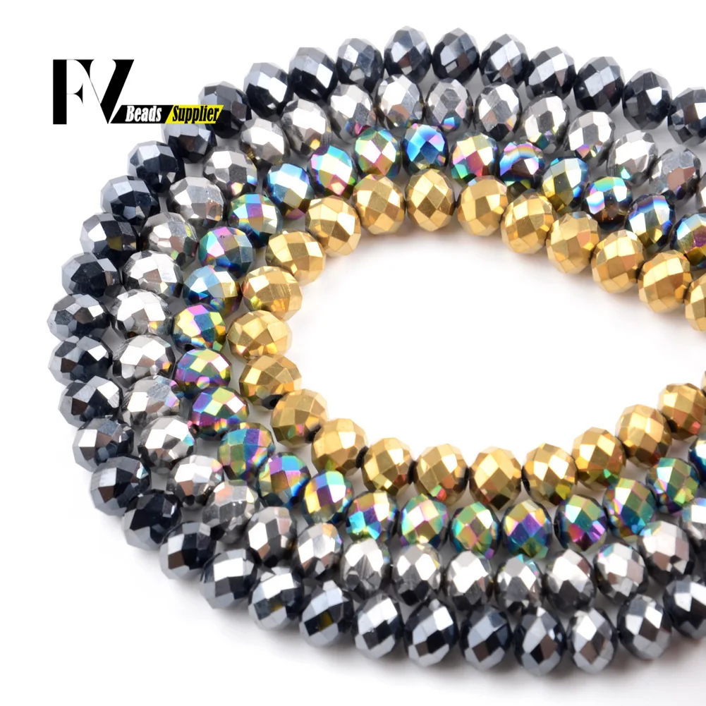 Faceted Silver Golden Plated Glass Crystal Rondelle Beads Loose Spacer Beads For Jewelry Making DIY Bracelet 15'' 4/6/8/10/12mm