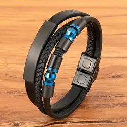 XQNI Multi-Layers Bracelet for Men Braided Black Leather Bracelet Stainless Steel Bangles Charm Jewelry for Friend New Year Gift