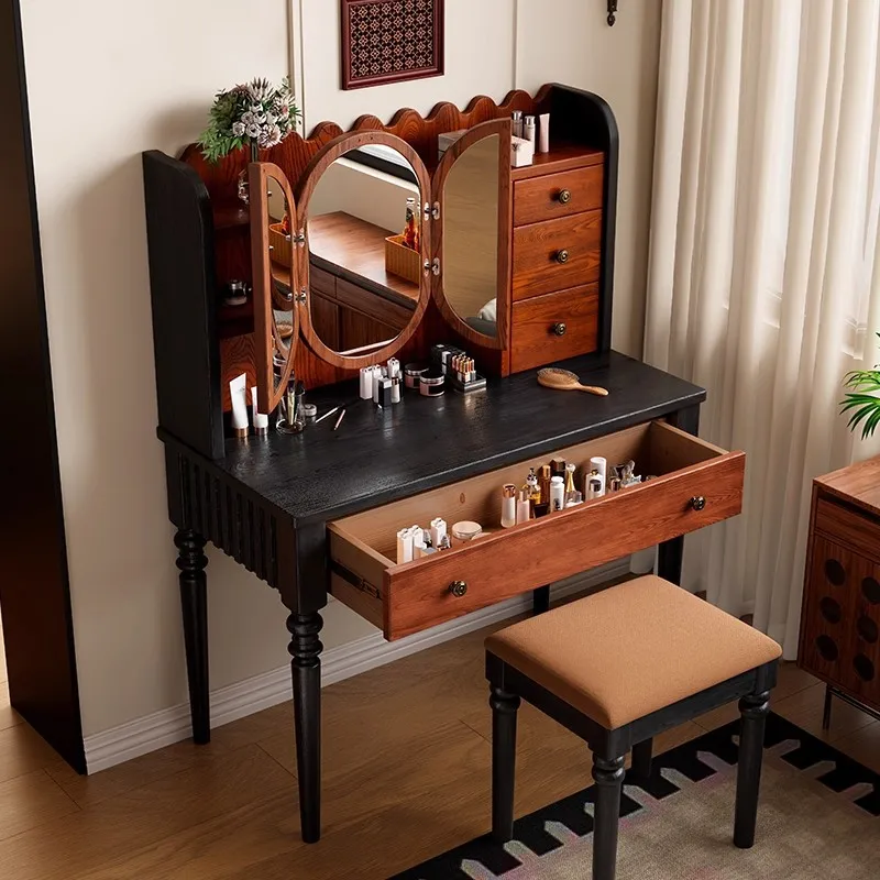 Medieval style solid wood dresser, bedroom flip cover makeup table, hidden mirror, small apartment storage dresser