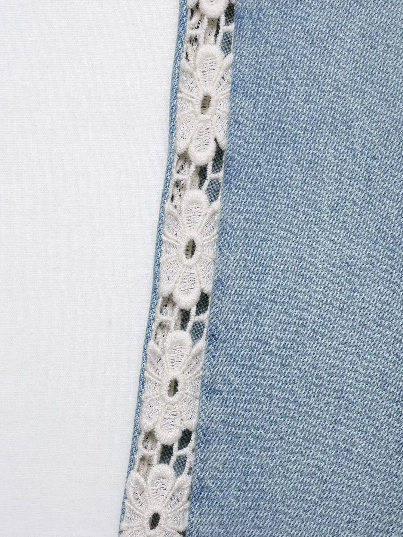 ハイウエストワイドレッグウォッシュドブルーパンツ レディース レースホローアウトパッチワークジーンズパンツ ロングトラウザーズ レディース 秋 ヴィンテージデニムパンツ