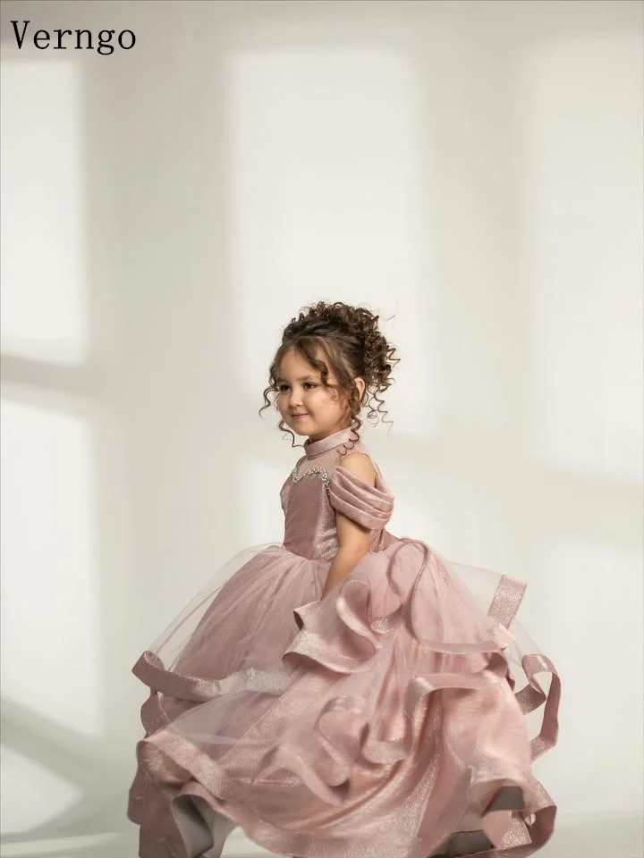 Verngo 핑크 샤이니 소녀 생일 파티 드레스 오프 숄더 라인 공주 꽃 드레스 연예인 키즈 파티 가운 맞춤형