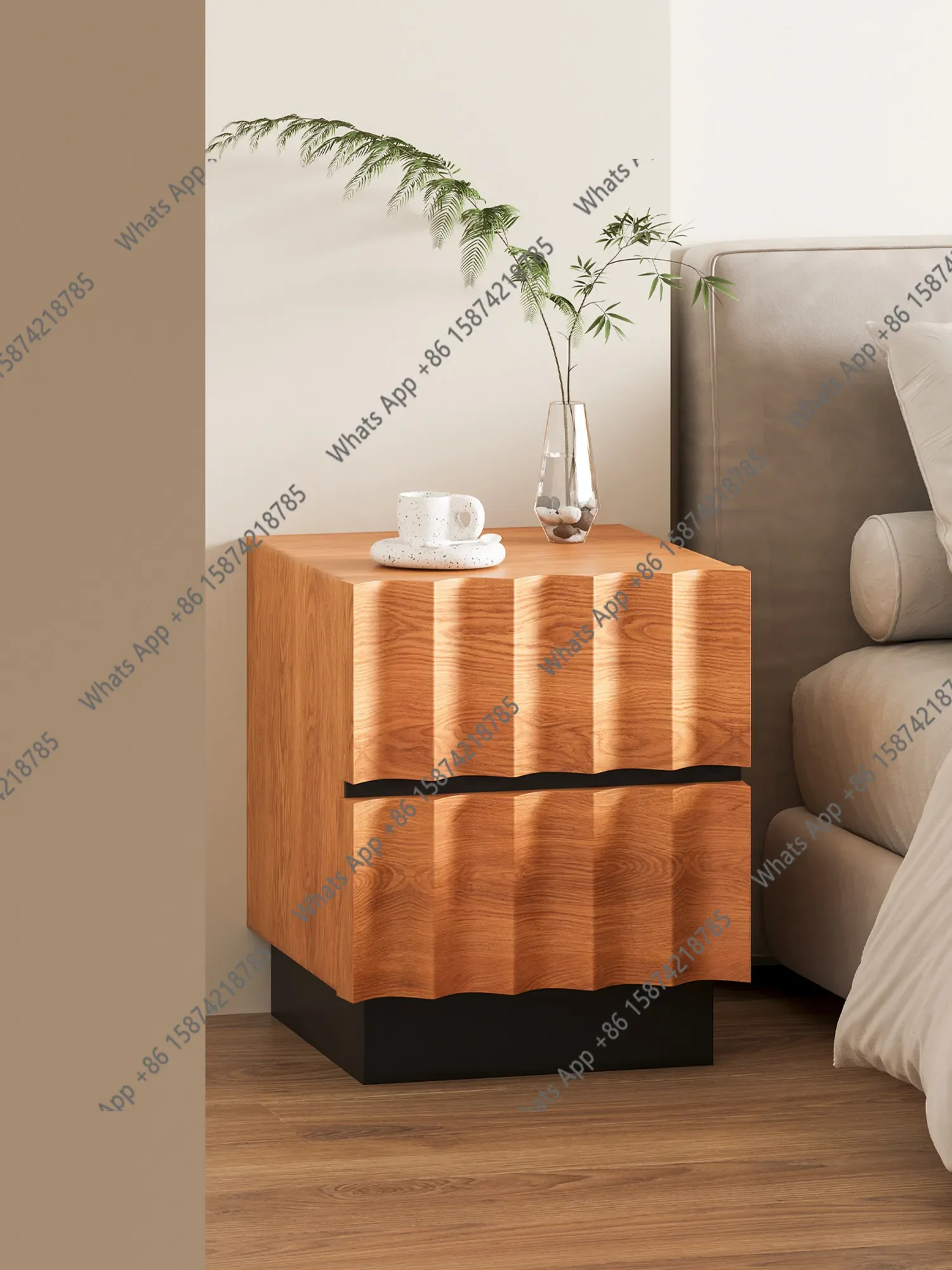 X Solid Wood Simple Water Ripple Bedside Table Living Room Bedroom Household Bedside Table Removable Storage Small Cabinet