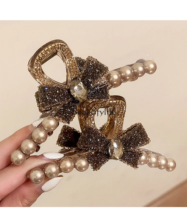 

Premium Pearl Rhinestone Bow Grab Clip Disc Hair Shark Clip Headgear