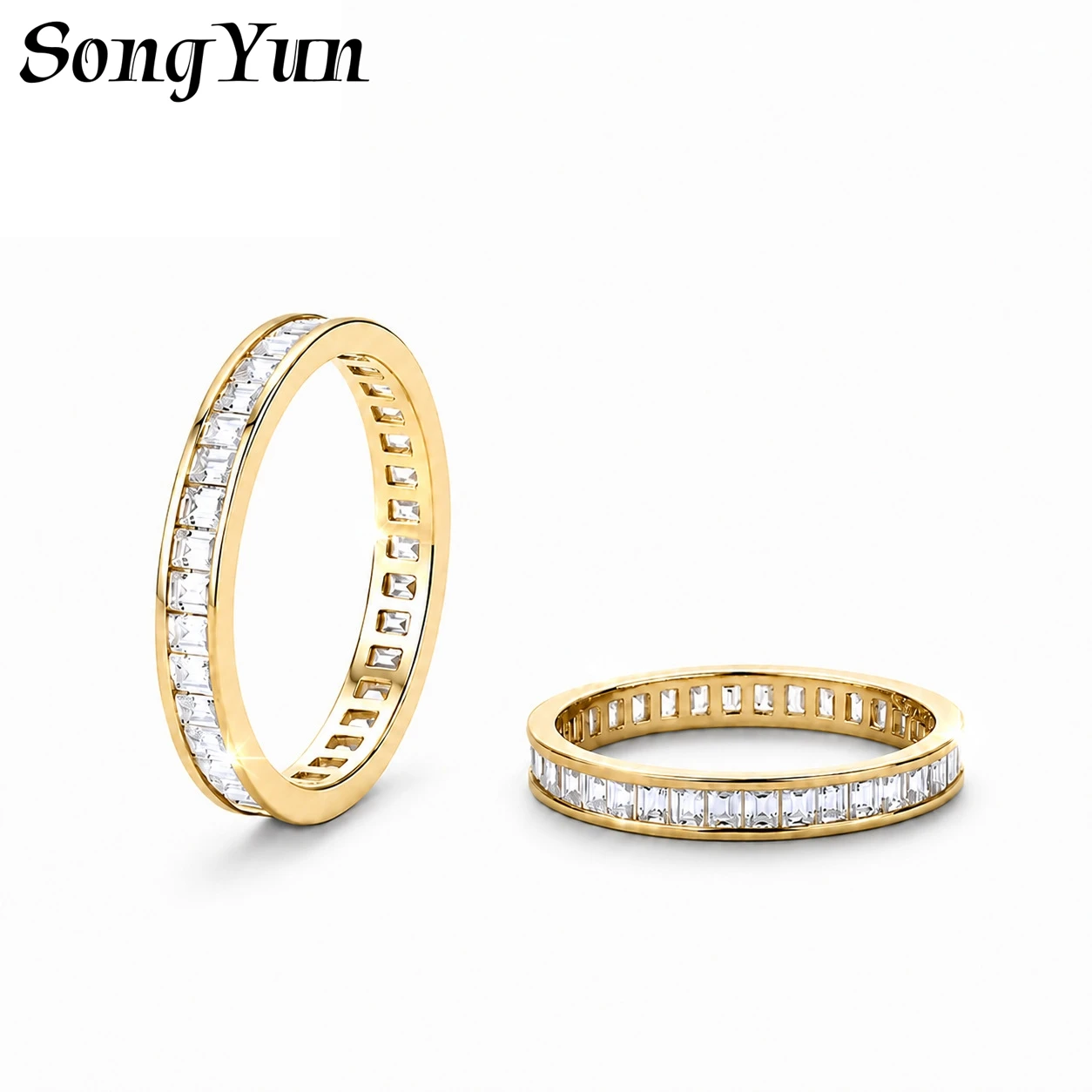 SONGYUN Moissanite Diamond Jewelry Womens S925 Sterling Silver Full Paved Trapezoid Moissanite Solid Band Ring