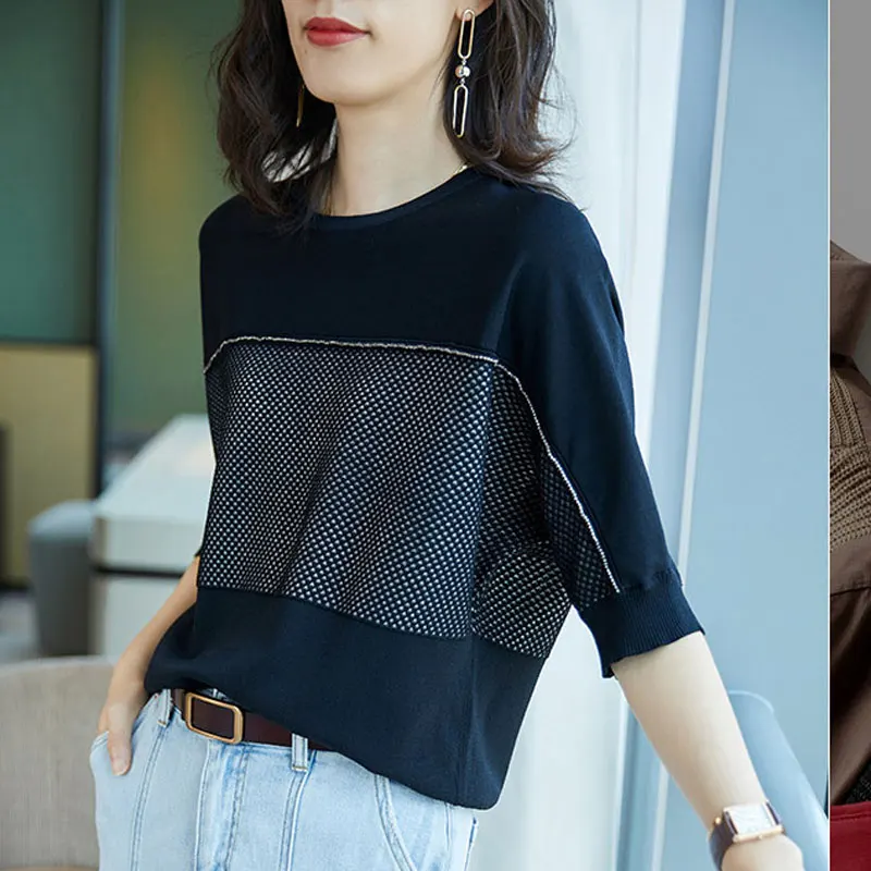 Summer Casual Batwing Sleeve Loose T-shirt Korean Solid Color Spliced Female Clothing Fashion Diamonds O-Neck Knitted Pullovers