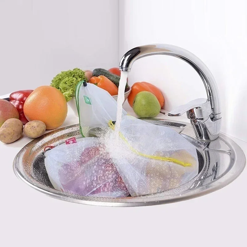 5Pcs Reusable Fruit Vegetable Storage Bags Washable Kitchen Food Organizer Net Mesh Bags Toys Grocery Storage Packaging Bag