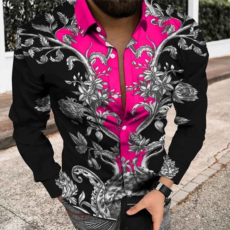 Men's long-sleeved lapel Hawaiian shirt European court vintage floral pattern 3D printed shirt Men's fashionable casual button