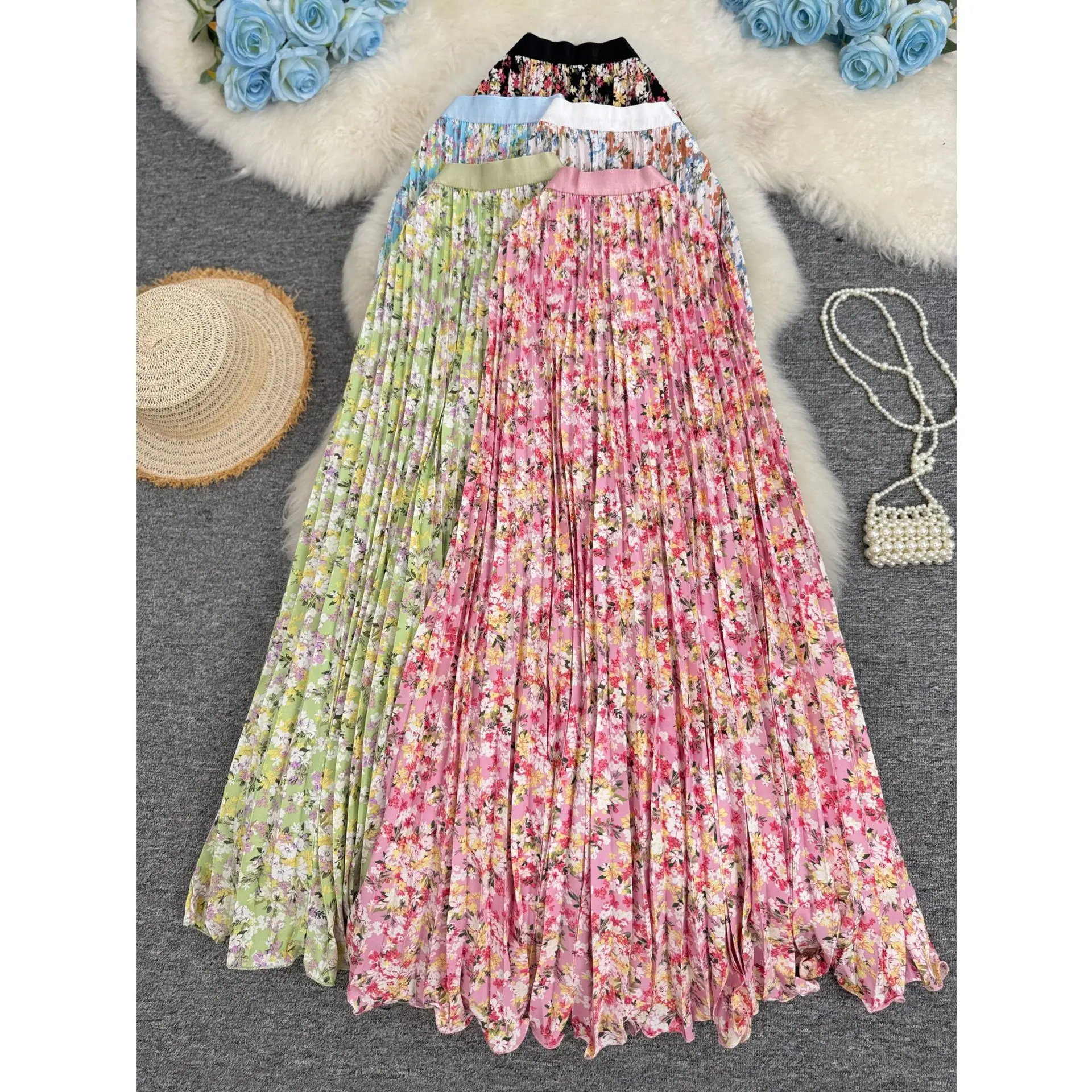 Summer Print Pleated Skirt Elegant Temperament Versatile Long Skirt