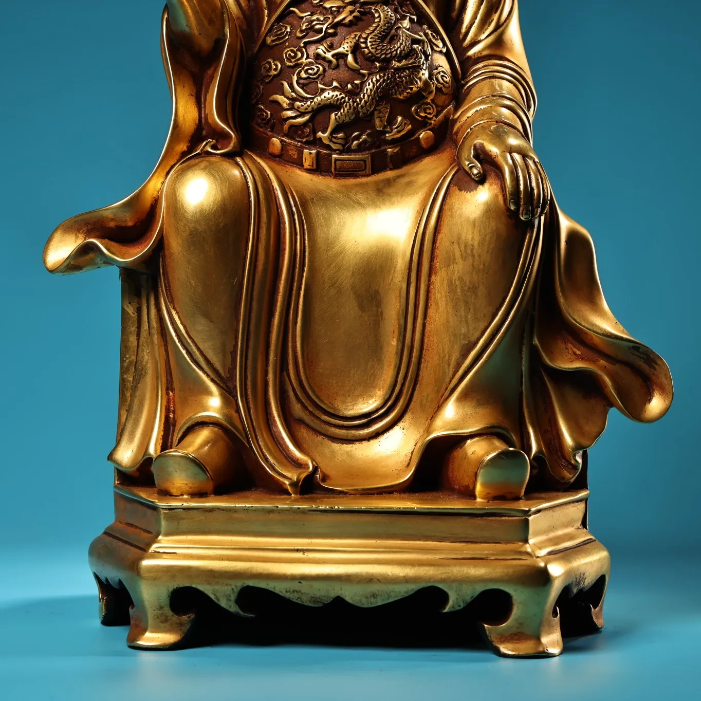 Old Purple Bronze Outline in gold Gilded High relief dragon pattern Yuanbao Coins God of Wealth immortal Sitting statue